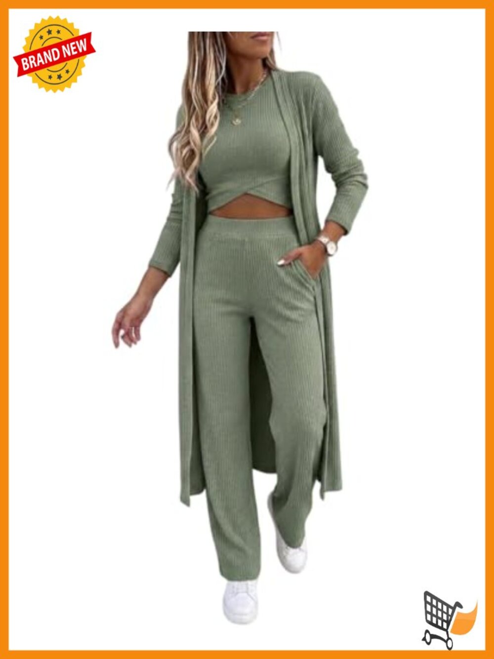 Women's 3 Piece Ribbed Knit Lounge Set Cardigan Tank Wide Leg Pants